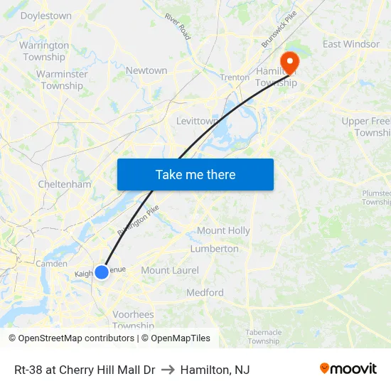 Rt-38 at Cherry Hill Mall Dr to Hamilton, NJ map