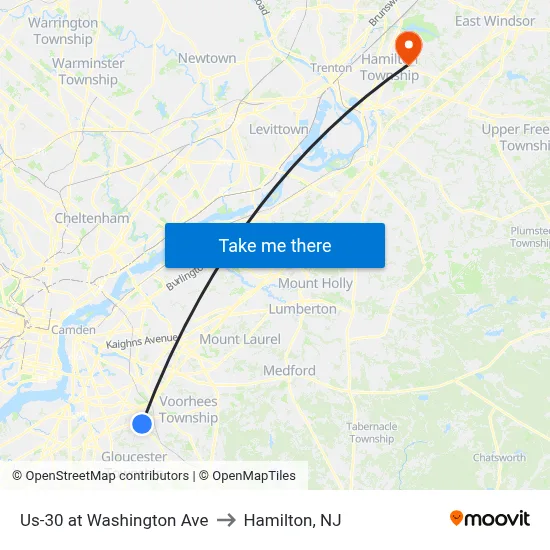Us-30 at Washington Ave to Hamilton, NJ map
