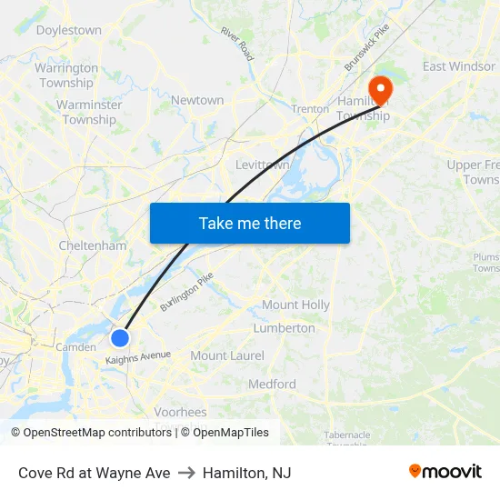 Cove Rd at Wayne Ave to Hamilton, NJ map
