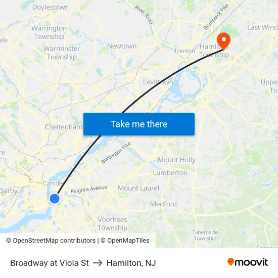 Broadway at Viola St to Hamilton, NJ map
