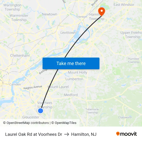Laurel Oak Rd at Voorhees Dr to Hamilton, NJ map