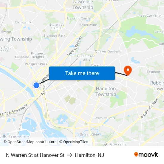 N Warren St at Hanover St to Hamilton, NJ map