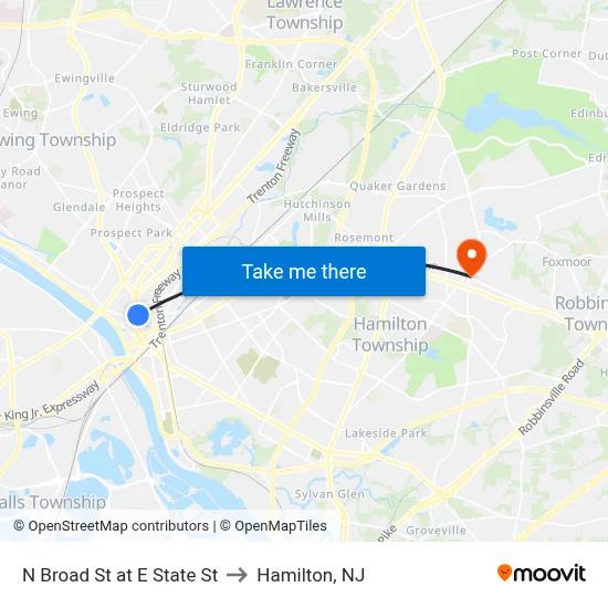 N Broad St at E State St to Hamilton, NJ map