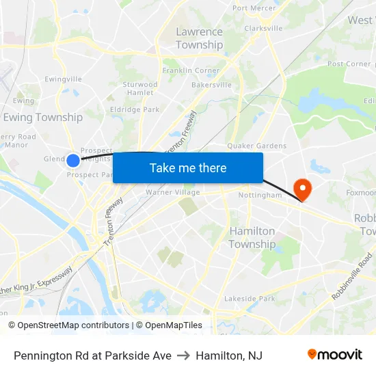 Pennington Rd at Parkside Ave to Hamilton, NJ map