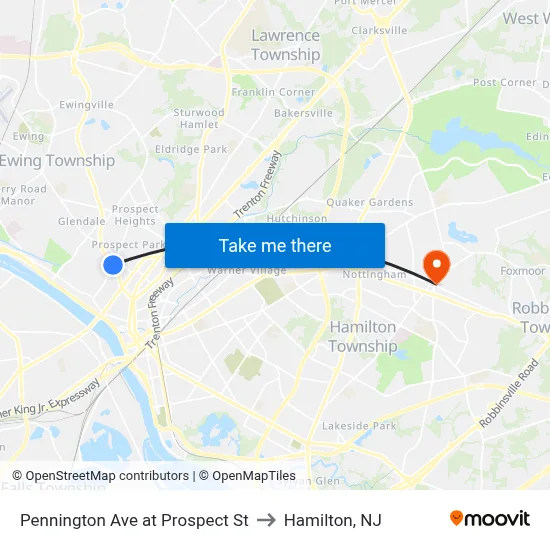 Pennington Ave at Prospect St to Hamilton, NJ map