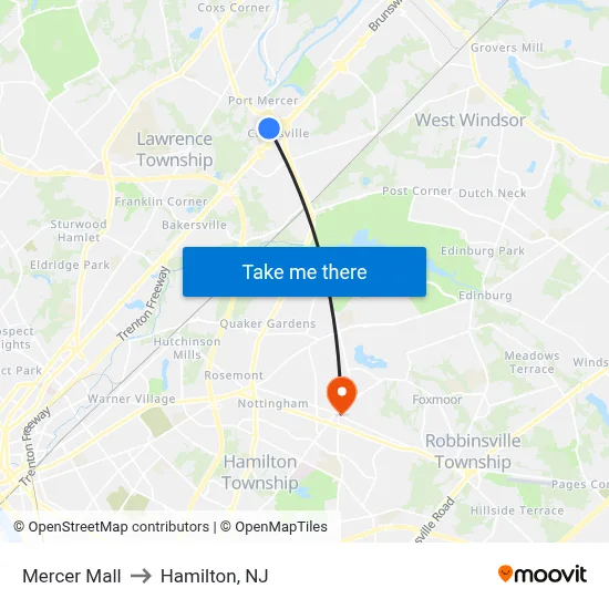 Mercer Mall to Hamilton, NJ map