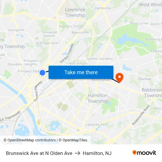 Brunswick Ave at N Olden Ave to Hamilton, NJ map