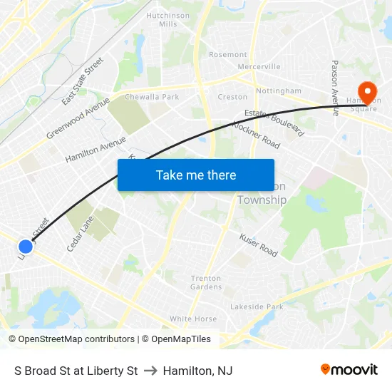 S Broad St at Liberty St to Hamilton, NJ map