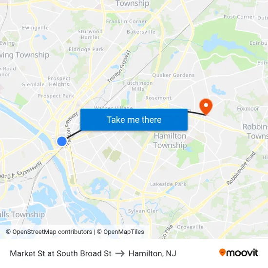 Market St at South Broad St to Hamilton, NJ map