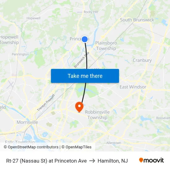 Rt-27 (Nassau St) at Princeton Ave to Hamilton, NJ map