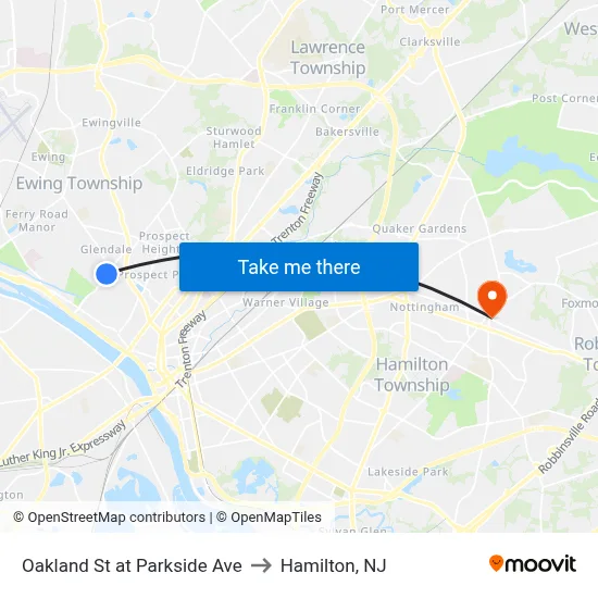 Oakland St at Parkside Ave to Hamilton, NJ map