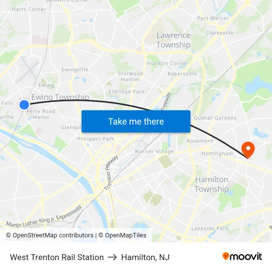 West Trenton Rail Station to Hamilton, NJ map