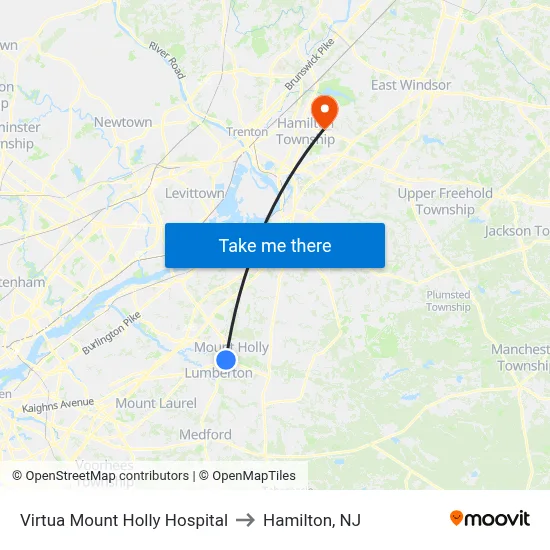 Virtua Mount Holly Hospital to Hamilton, NJ map