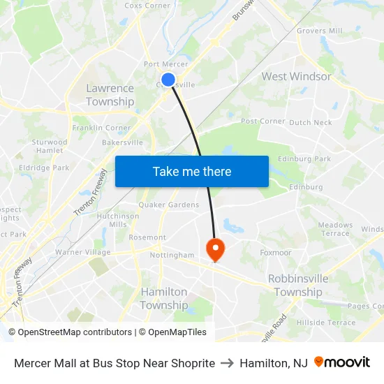 Mercer Mall at Bus Stop Near Shoprite to Hamilton, NJ map