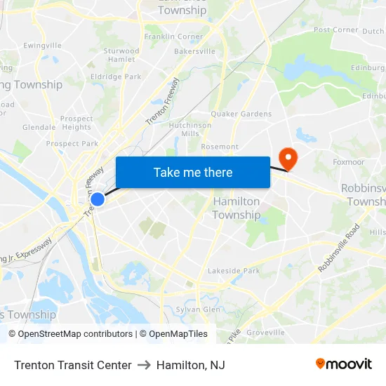 Trenton Transit Center to Hamilton, NJ map