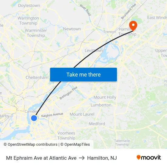Mt Ephraim Ave at Atlantic Ave to Hamilton, NJ map