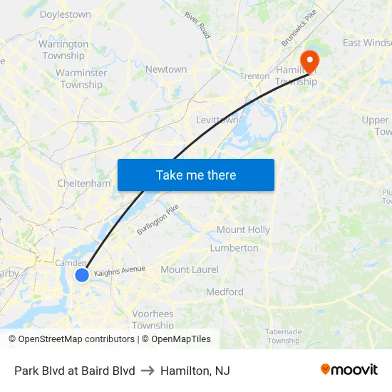 Park Blvd at Baird Blvd to Hamilton, NJ map