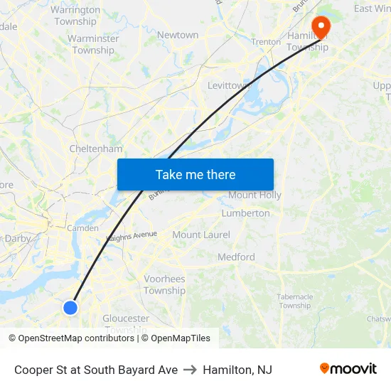 Cooper St at South Bayard Ave to Hamilton, NJ map