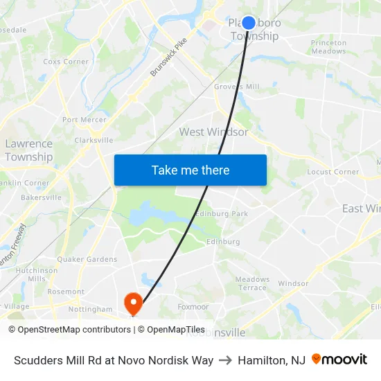 Scudders Mill Rd at Novo Nordisk Way to Hamilton, NJ map