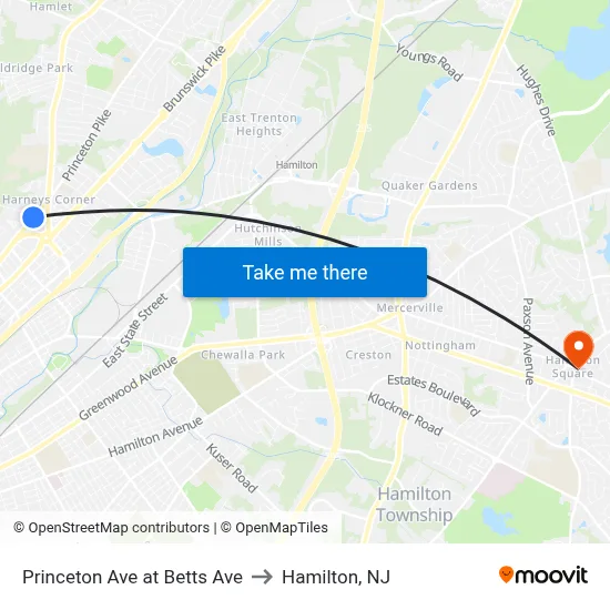 Princeton Ave at Betts Ave to Hamilton, NJ map