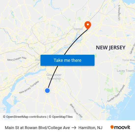 Main St at Rowan Blvd/College Ave to Hamilton, NJ map