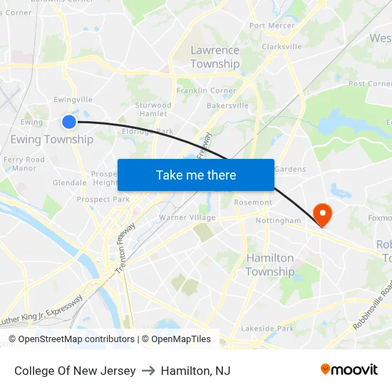 College Of New Jersey to Hamilton, NJ map