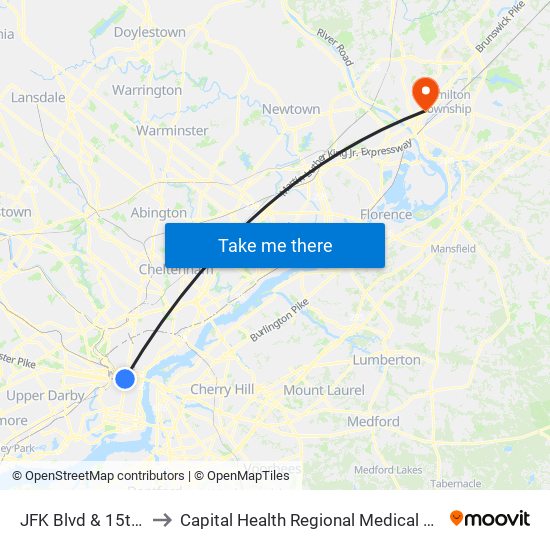 JFK Blvd & 15th St to Capital Health Regional Medical Center map