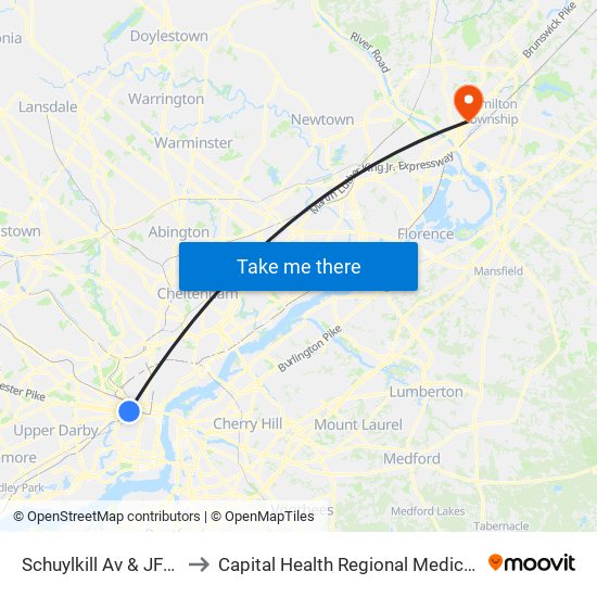 Schuylkill Av & JFK Blvd to Capital Health Regional Medical Center map