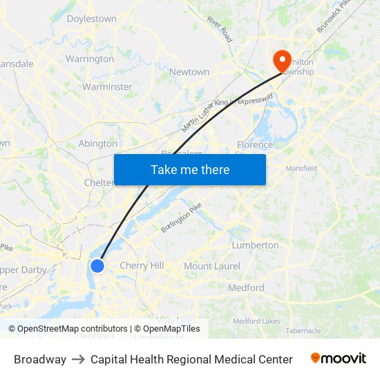 Broadway to Capital Health Regional Medical Center map