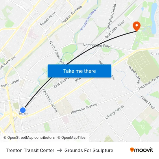 Trenton Transit Center to Grounds For Sculpture map