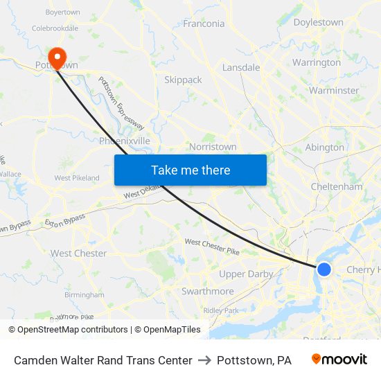 Camden Walter Rand Trans Center to Pottstown, PA map