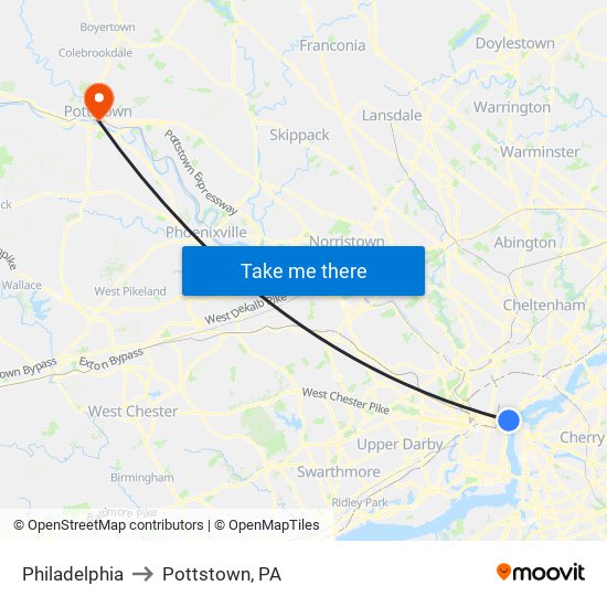 Philadelphia to Pottstown, PA map