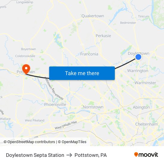 Doylestown Septa Station to Pottstown, PA map