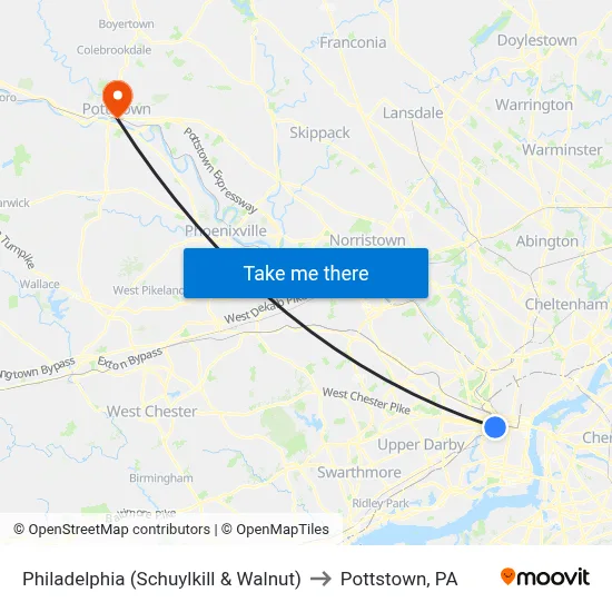 Philadelphia (Schuylkill & Walnut) to Pottstown, PA map