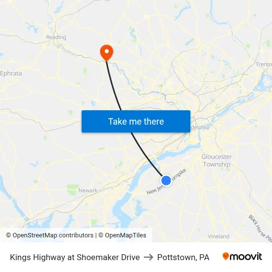 Kings Highway at Shoemaker Drive to Pottstown, PA map