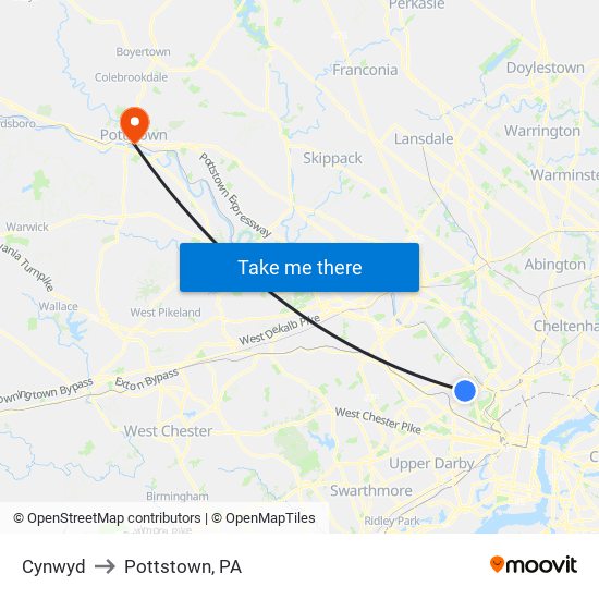 Cynwyd to Pottstown, PA map