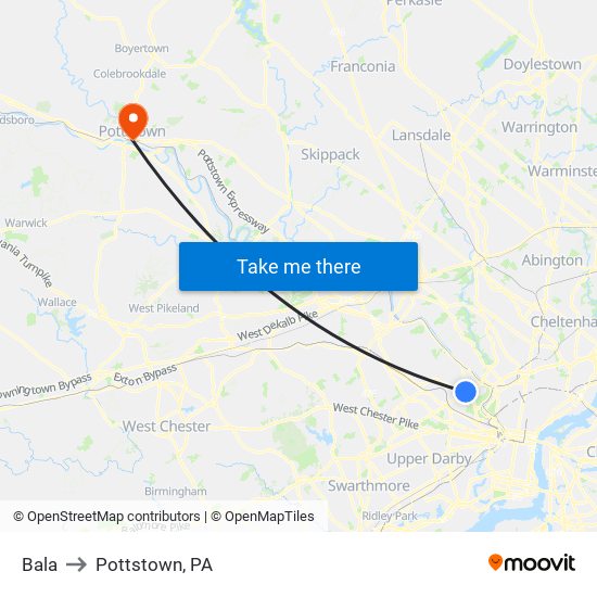 Bala to Pottstown, PA map