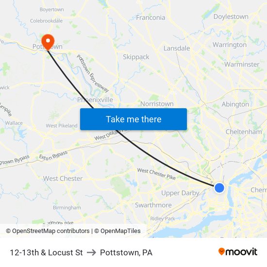 12-13th & Locust St to Pottstown, PA map