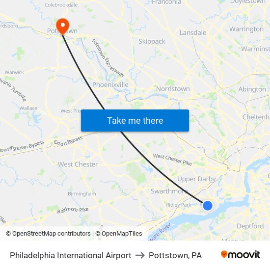 Philadelphia International Airport to Pottstown, PA map
