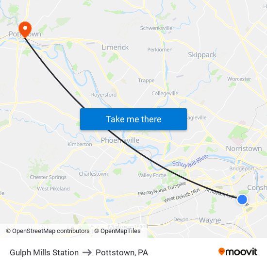 Gulph Mills Station to Pottstown, PA map