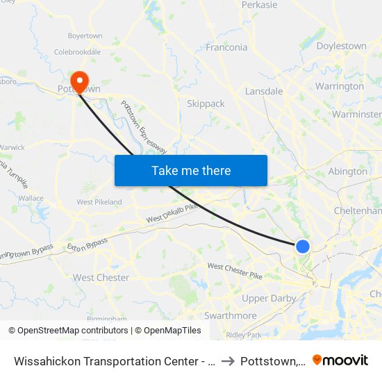 Wissahickon Transit Center to Pottstown, PA map