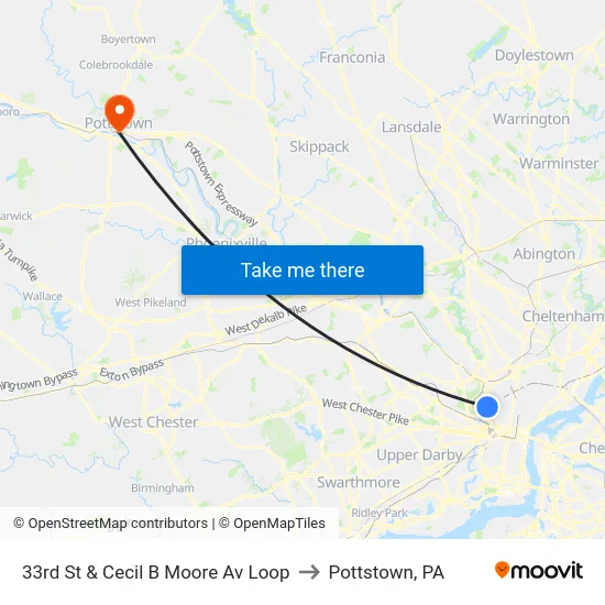 33rd St & Cecil B Moore Av Loop to Pottstown, PA map