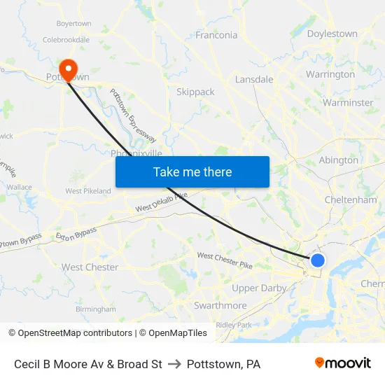 Cecil B Moore Av & Broad St to Pottstown, PA map