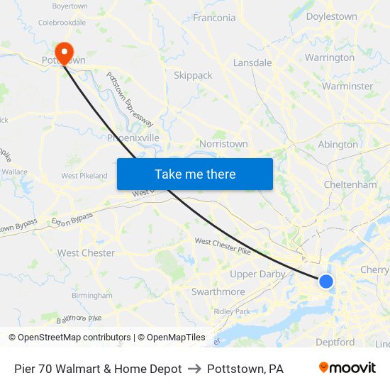 Pier 70 Walmart & Home Depot to Pottstown, PA map