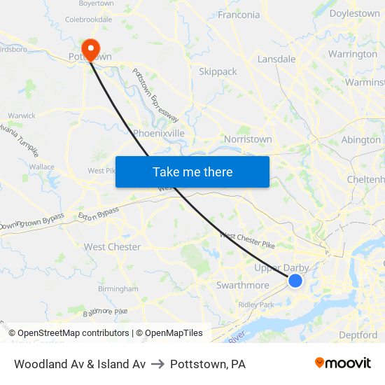 Woodland Av & Island Av to Pottstown, PA map