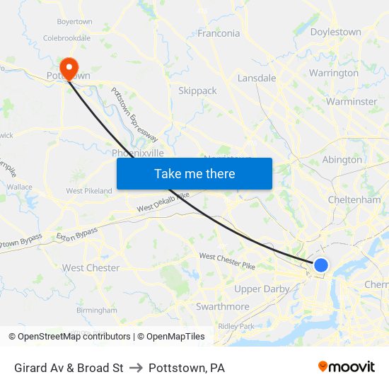 Girard Av & Broad St to Pottstown, PA map
