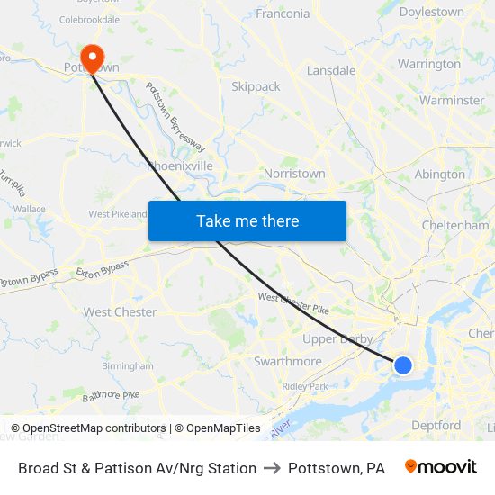Broad St & Pattison Av/Nrg Station to Pottstown, PA map