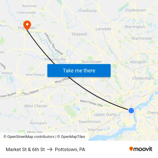 Market St & 6th St to Pottstown, PA map