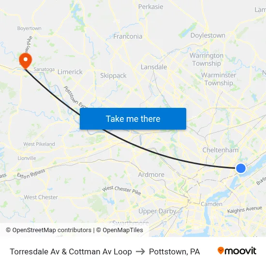 Torresdale Av & Cottman Av Loop to Pottstown, PA map