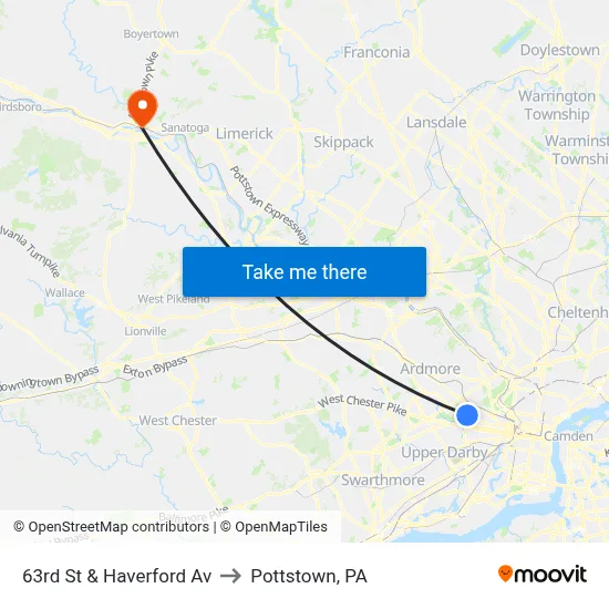 63rd St & Haverford Av to Pottstown, PA map
